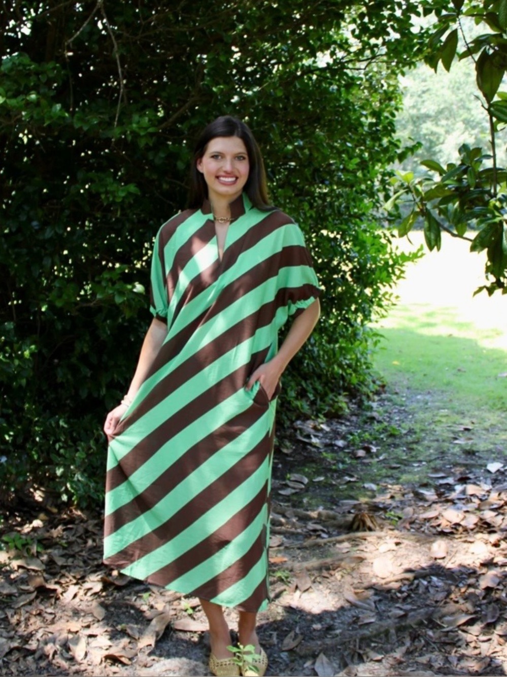 New!Entro Boutique Green & Brown Pocket Diagonal Stripe Midi Dress Size XLarge - Picture 9 of 10
